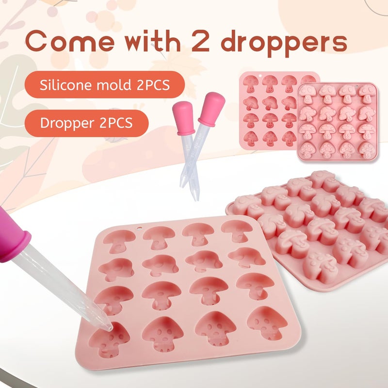 EQUNROY 2PCS Mushroom Silicone Mold with 2 Droppers - 16 Cavity 3D Cute Mushroom Gummy Molds for Chocolate Candy Soap Resin - Fondant Gummy Cookie Candle DIY Crafts - Image 3