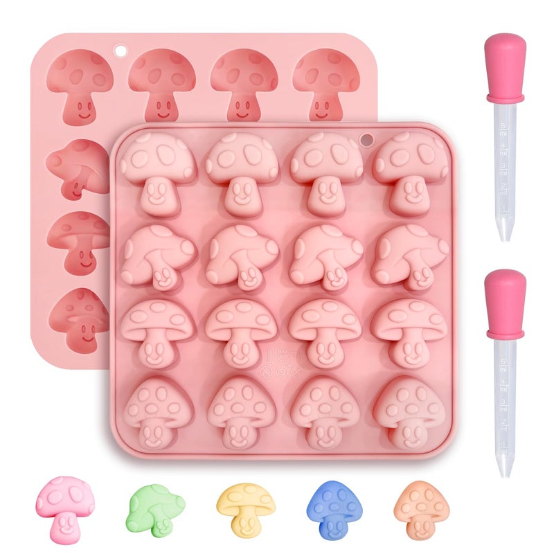 EQUNROY 2PCS Mushroom Silicone Mold with 2 Droppers - 16 Cavity 3D Cute Mushroom Gummy Molds for Chocolate Candy Soap Resin - Fondant Gummy Cookie Candle DIY Crafts - Image 1