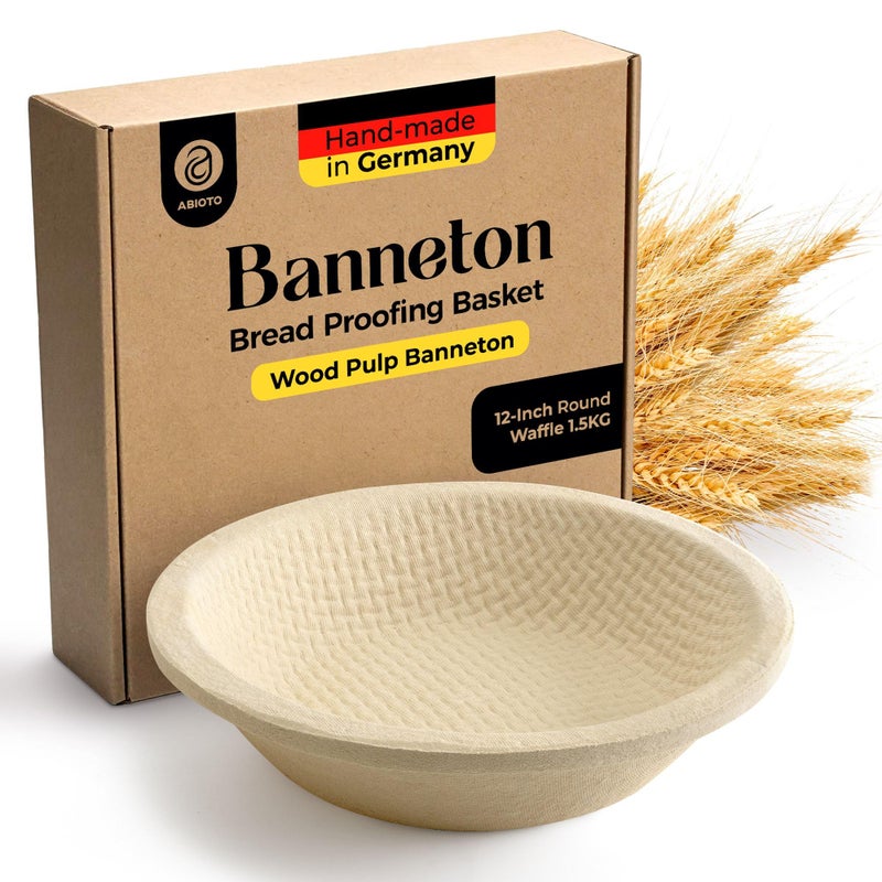 ABIOTO Wood Pulp Banneton Bread Proofing Basket â€“ 12" Round 3.3LB Brotform with Waffle Pattern â€“ Non-Stick Natural Wood Pulp Pressed for Durabilityâ€“ Made in Germany Proofing Basket for Sourdough Bread Baking - Image 1