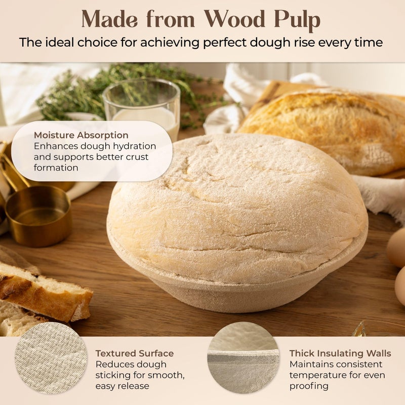 ABIOTO Wood Pulp Banneton Bread Proofing Basket â€“ 12" Round 3.3LB Brotform with Waffle Pattern â€“ Non-Stick Natural Wood Pulp Pressed for Durabilityâ€“ Made in Germany Proofing Basket for Sourdough Bread Baking - Image 3