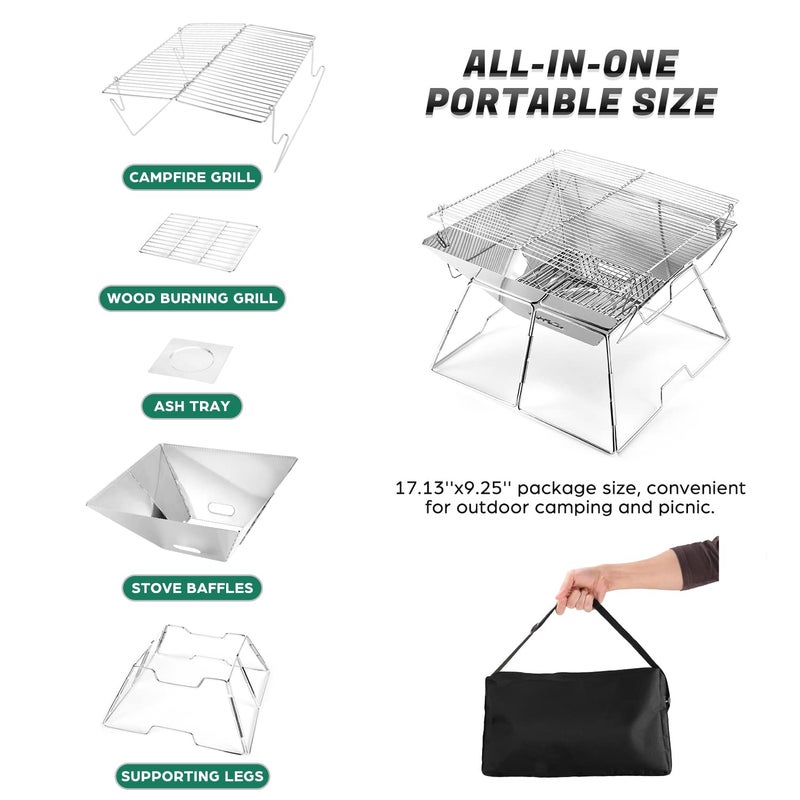 Odoland Odoland BBQ Fire Pit Portable Campfire Pit Collapsible Camping Grill Stainless Steel Barbecue for Camping Picnic Terrace Garden w/Carrying Bag L (43 * 43 * 31cm)  - Image 2
