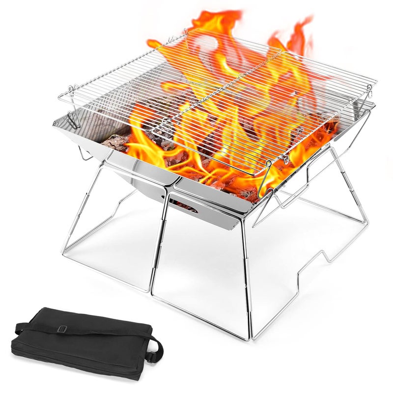 Odoland Odoland BBQ Fire Pit Portable Campfire Pit Collapsible Camping Grill Stainless Steel Barbecue for Camping Picnic Terrace Garden w/Carrying Bag L (43 * 43 * 31cm)  - Image 1