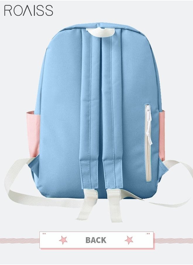 roaiss 5 Pcs Letter Graphic Colorblock Backpack Set Cute Sweet Large Capacity Canvas School Bag Shoulder Totes Pencil Case for Kids Girls Middle High Students Blue Pink  - Image 4