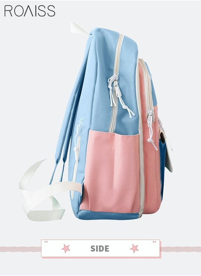 roaiss 5 Pcs Letter Graphic Colorblock Backpack Set Cute Sweet Large Capacity Canvas School Bag Shoulder Totes Pencil Case for Kids Girls Middle High Students Blue Pink  - Image 3