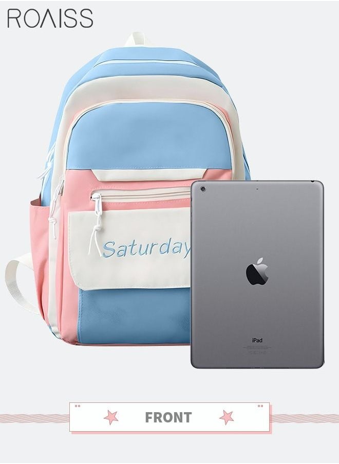roaiss 5 Pcs Letter Graphic Colorblock Backpack Set Cute Sweet Large Capacity Canvas School Bag Shoulder Totes Pencil Case for Kids Girls Middle High Students Blue Pink  - Image 2