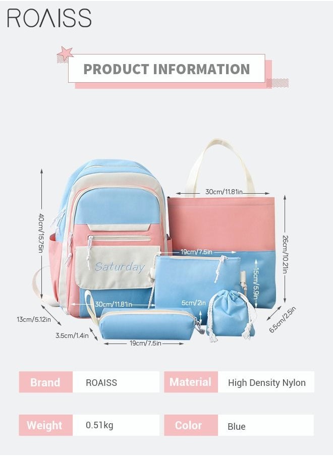 roaiss 5 Pcs Letter Graphic Colorblock Backpack Set Cute Sweet Large Capacity Canvas School Bag Shoulder Totes Pencil Case for Kids Girls Middle High Students Blue Pink  - Image 5