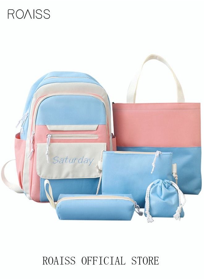 roaiss 5 Pcs Letter Graphic Colorblock Backpack Set Cute Sweet Large Capacity Canvas School Bag Shoulder Totes Pencil Case for Kids Girls Middle High Students Blue Pink  - Image 1