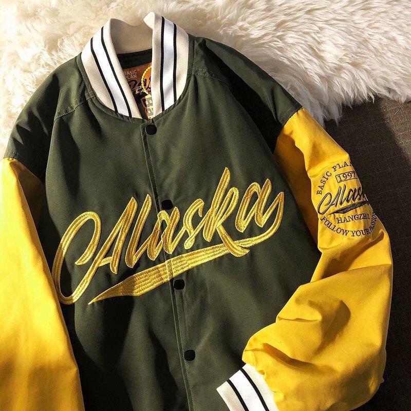 American fashion brand letter stitching baseball uniform hip hop jacket mens spring and autumn ins trendy loose workwear student jacket Black long sleeve high-end 