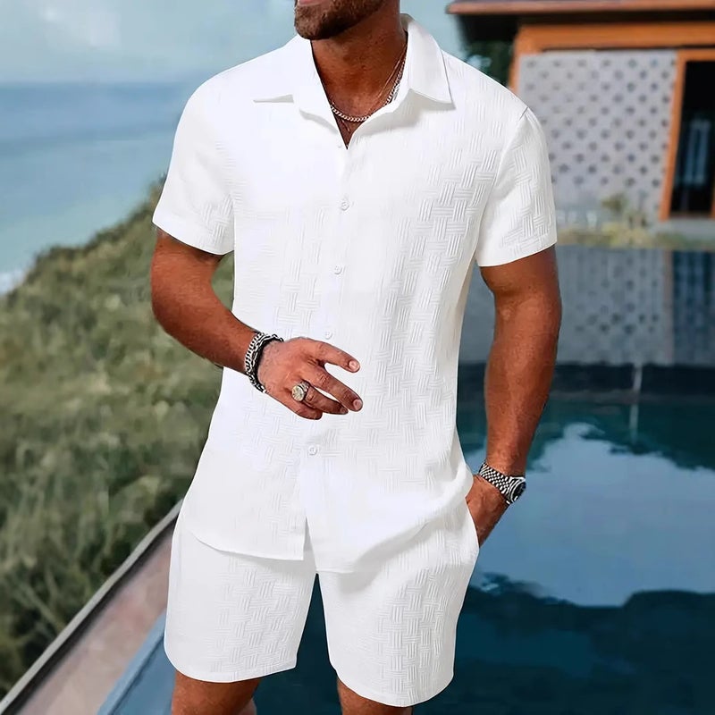 2025 European and American Summer Jacquard Black and White Solid Color Suit Short-Sleeved Men's Vacation Casual Style Shirt and Shorts Two-Piece Set - Image 1