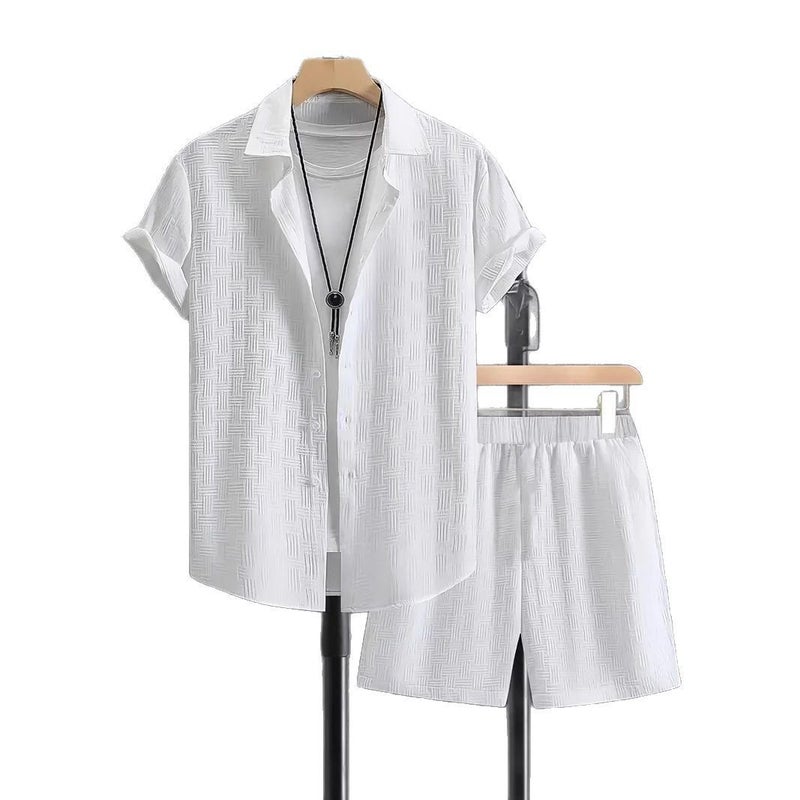 2025 European and American Summer Jacquard Black and White Solid Color Suit Short-Sleeved Men's Vacation Casual Style Shirt and Shorts Two-Piece Set - Image 5