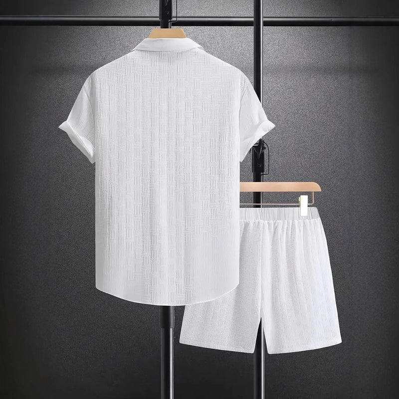 2025 European and American Summer Jacquard Black and White Solid Color Suit Short-Sleeved Men's Vacation Casual Style Shirt and Shorts Two-Piece Set - Image 4