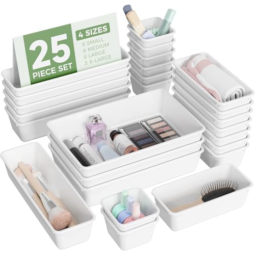 BiuLeon 25 PCS Plastic Drawer Organizers Set, 4-Sizes Vanity and Makeup Organizer, Desk and bathroom Drawer Organizer Trays, Organizers and Storage for Makeup, Jewelry, Gadgets, Utensils (White) - Image 1