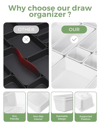 BiuLeon 25 PCS Plastic Drawer Organizers Set, 4-Sizes Vanity and Makeup Organizer, Desk and bathroom Drawer Organizer Trays, Organizers and Storage for Makeup, Jewelry, Gadgets, Utensils (White) - Image 5