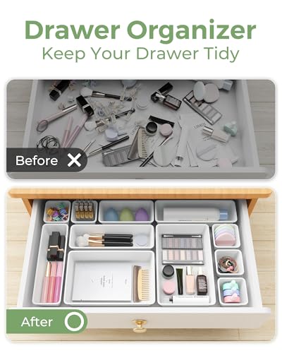 BiuLeon 25 PCS Plastic Drawer Organizers Set, 4-Sizes Vanity and Makeup Organizer, Desk and bathroom Drawer Organizer Trays, Organizers and Storage for Makeup, Jewelry, Gadgets, Utensils (White) - Image 4