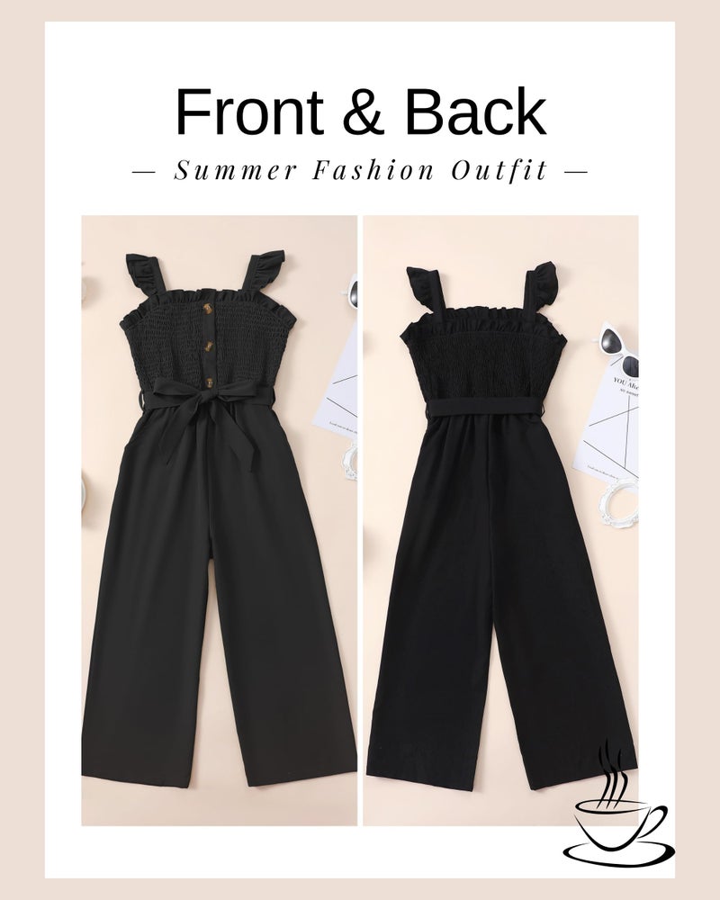SODLON Clothes for Girl 10-12 Girls Jumpsuit Kids Fashion Preppy Ruffle Sleeveless Wide Leg Belted One-Piece Romper Smocked Summer Outfits with Pockets Black - Image 3