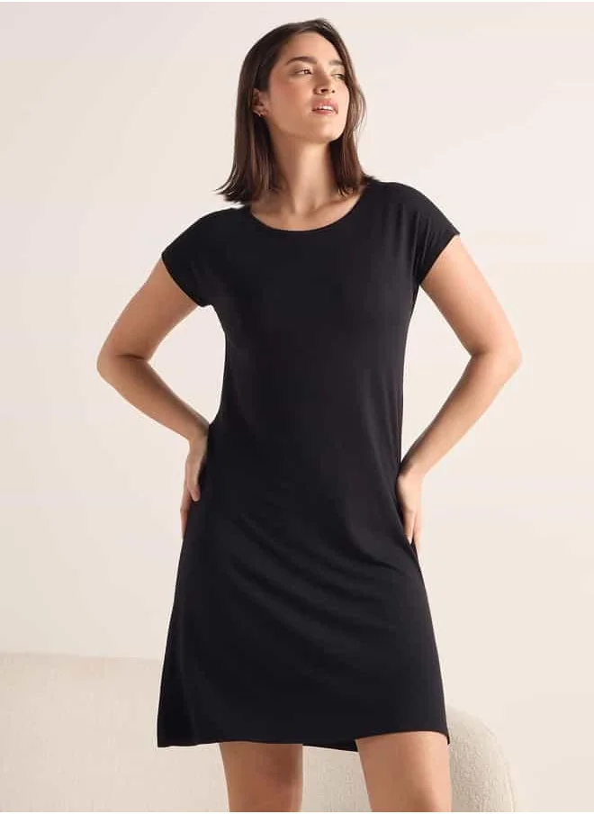 فاف Lace Detail Night Dress with Round Neck and Short Sleeves