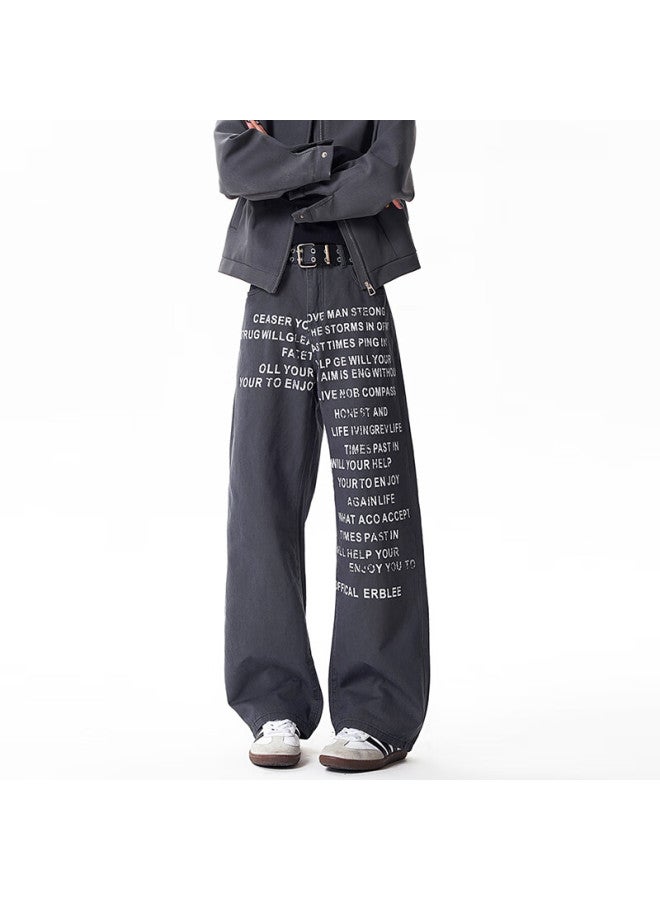 Dingfengbaoluo American Vintage Printed Denim Jeans Men Autumn New Trendy Loose High-grade Wide-leg Pants Dlk91 Dark Gray 5XL - Image 1
