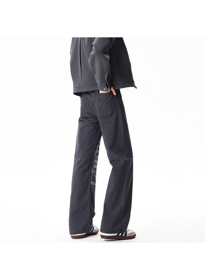 Dingfengbaoluo American Vintage Printed Denim Jeans Men Autumn New Trendy Loose High-grade Wide-leg Pants Dlk91 Dark Gray 5XL - Image 2