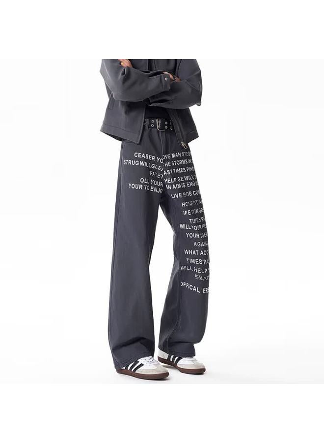 Dingfengbaoluo American Vintage Printed Denim Jeans Men Autumn New Trendy Loose High-grade Wide-leg Pants Dlk91 Dark Gray 5XL - Image 3