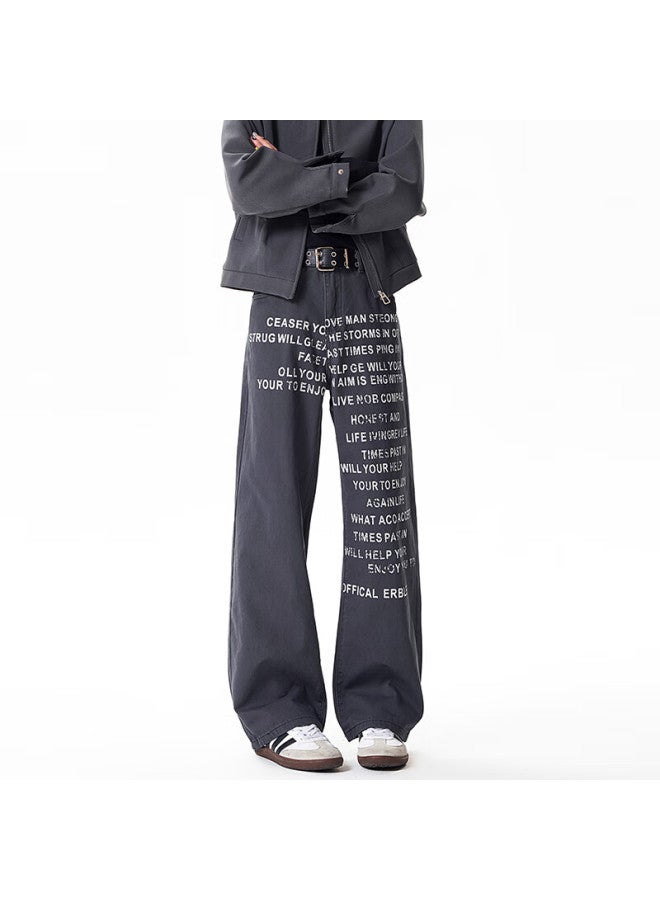 Dingfengbaoluo American Vintage Printed Denim Jeans Men Autumn New Trendy Loose High-grade Wide-leg Pants Dlk91 Dark Gray 5XL - Image 4