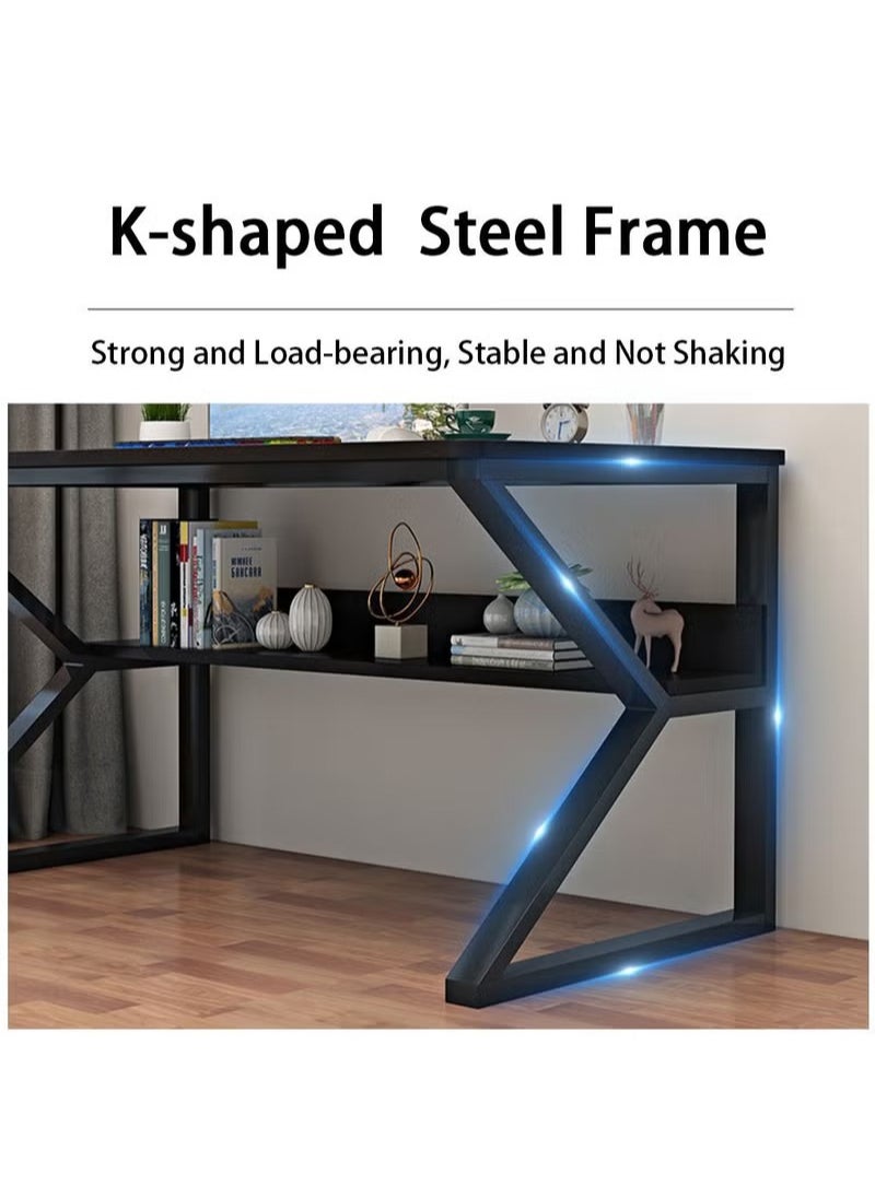 AGD - K-Shape Computer Gaming Table for Home Bedroom Office Game Room with USB Charging Port with Extra Shelves 100cm (Brown) - Image 1