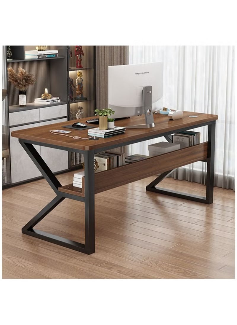 AGD - K-Shape Computer Gaming Table for Home Bedroom Office Game Room with USB Charging Port with Extra Shelves 100cm (Brown) - Image 1