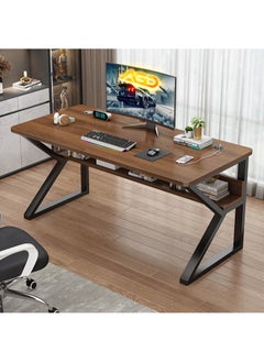 AGD K-Shape Computer Gaming Table for Home Bedroom Office Game Room with USB Charging Port with Extra Shelves 100cm (Brown)  - Image 1