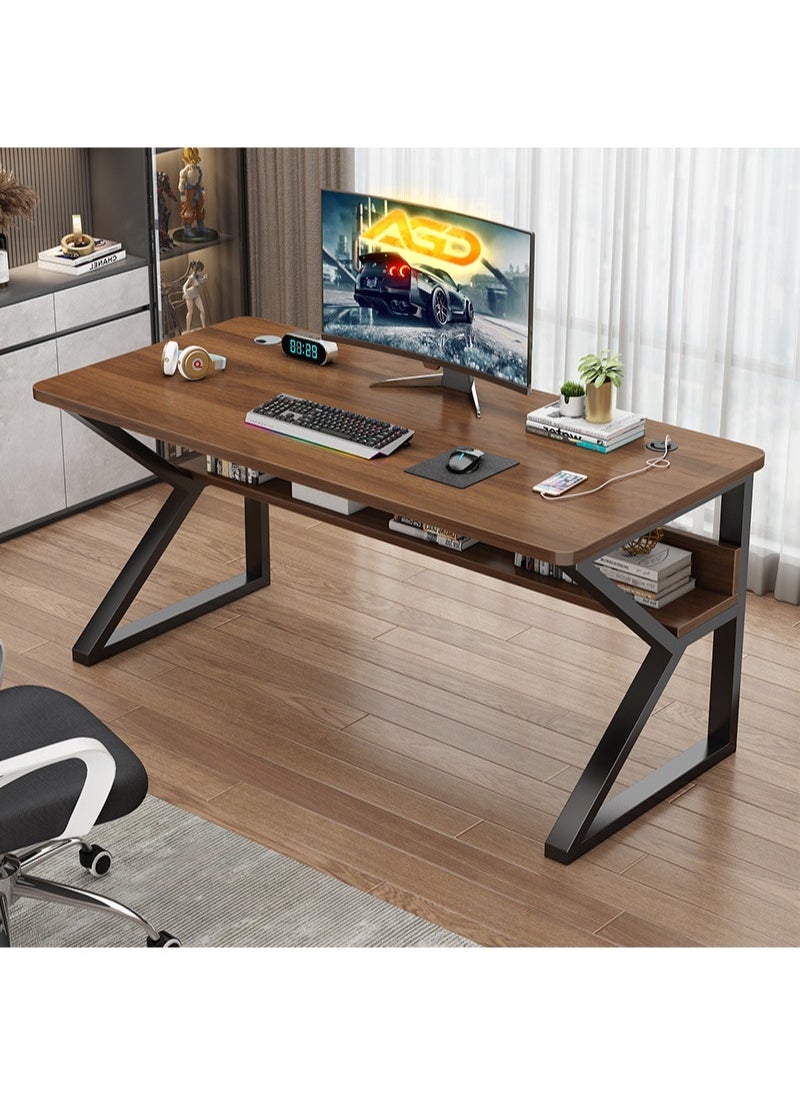 AGD - K-Shape Computer Gaming Table for Home Bedroom Office Game Room with USB Charging Port with Extra Shelves 100cm (Brown) - Image 1