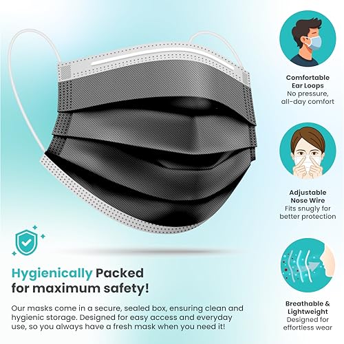Gleeporte [Pack Of 150] Black Disposable Face Mask, 3-Ply Adult Masks, Facial Cover with Elastic Earloops For Home, Office, School, and Outdoors - Image 3
