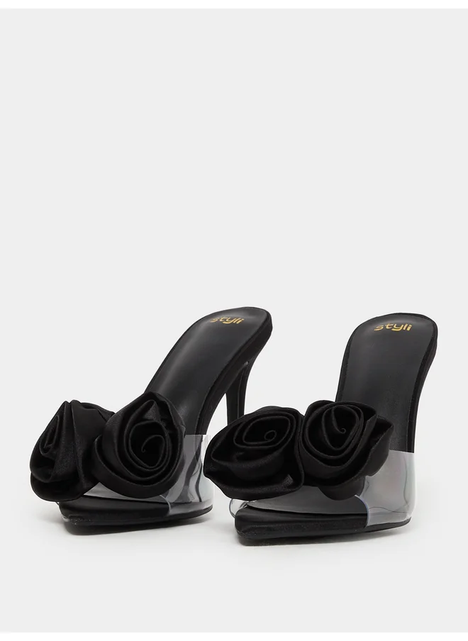ستايلي Styli Flower Detail Transparent Strap Stiletto Heel Sandals