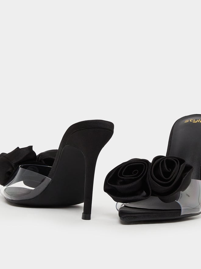 ستايلي صنادل بكعب ستيليتو بحزام شفاف وتفاصيل زهور ستايلي - Image 3