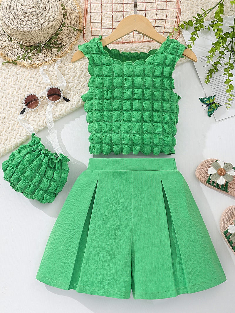 New Girls Solid Color Sleeveless Bubble Vest Shorts Suit Bag A Generation Of Hair - Image 3
