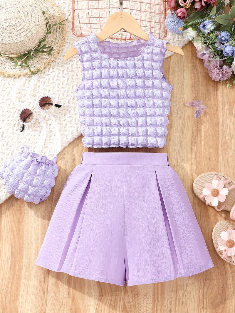 New Girls Solid Color Sleeveless Bubble Vest Shorts Suit Bag A Generation Of Hair - Image 4