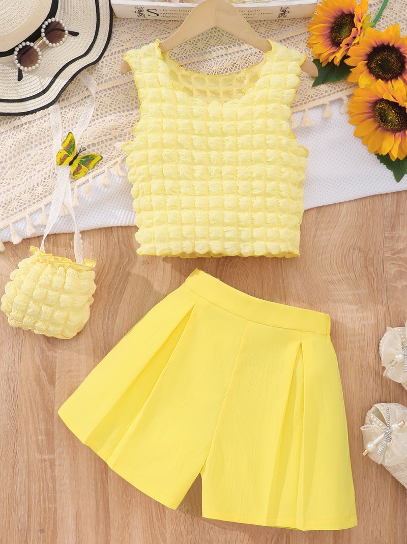New Girls Solid Color Sleeveless Bubble Vest Shorts Suit Bag A Generation Of Hair - Image 2