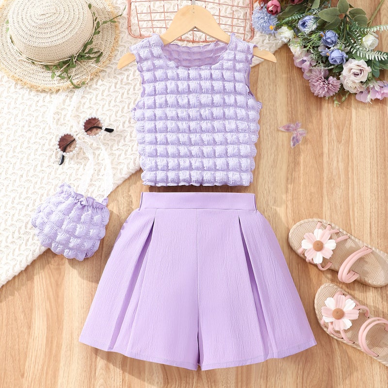 New Girls Solid Color Sleeveless Bubble Vest Shorts Suit Bag A Generation Of Hair - Image 1