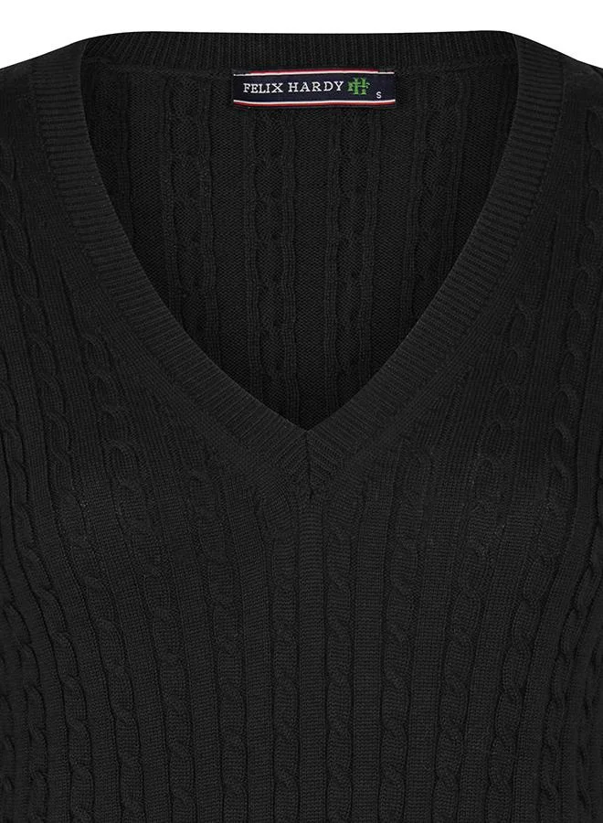FELIX HARDY Black V-Neck Cable Knit Pullover for Women | Best Price UAE