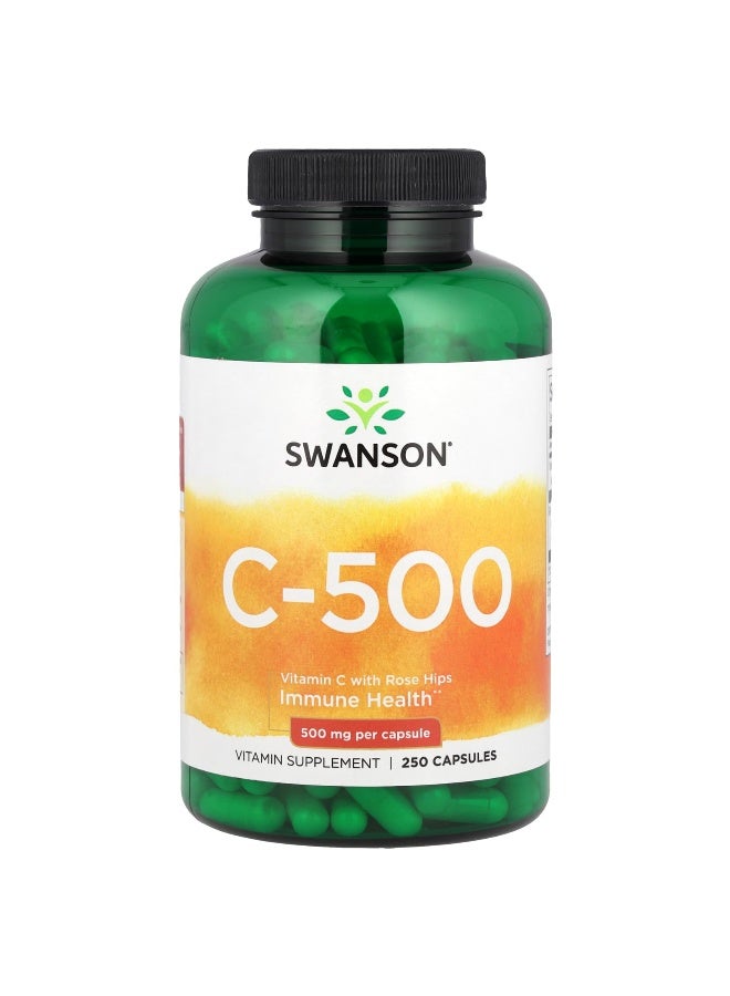 SWANSON سوانسون، C-500، فيتامين C مع وردة الورد، 250 كبسولة - Image 1