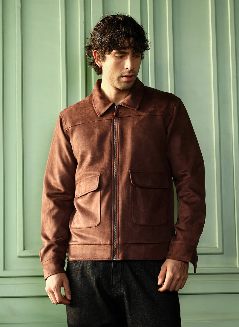 كامبوس سوترا Men Suede Zip-Front Jacket | Point Collar, Long Button-Cuff Sleeves | Zipper , Band-Straight Hem | Solid Textured | Woven Fabric For Casual & Daily Wear | Chocolate Brown