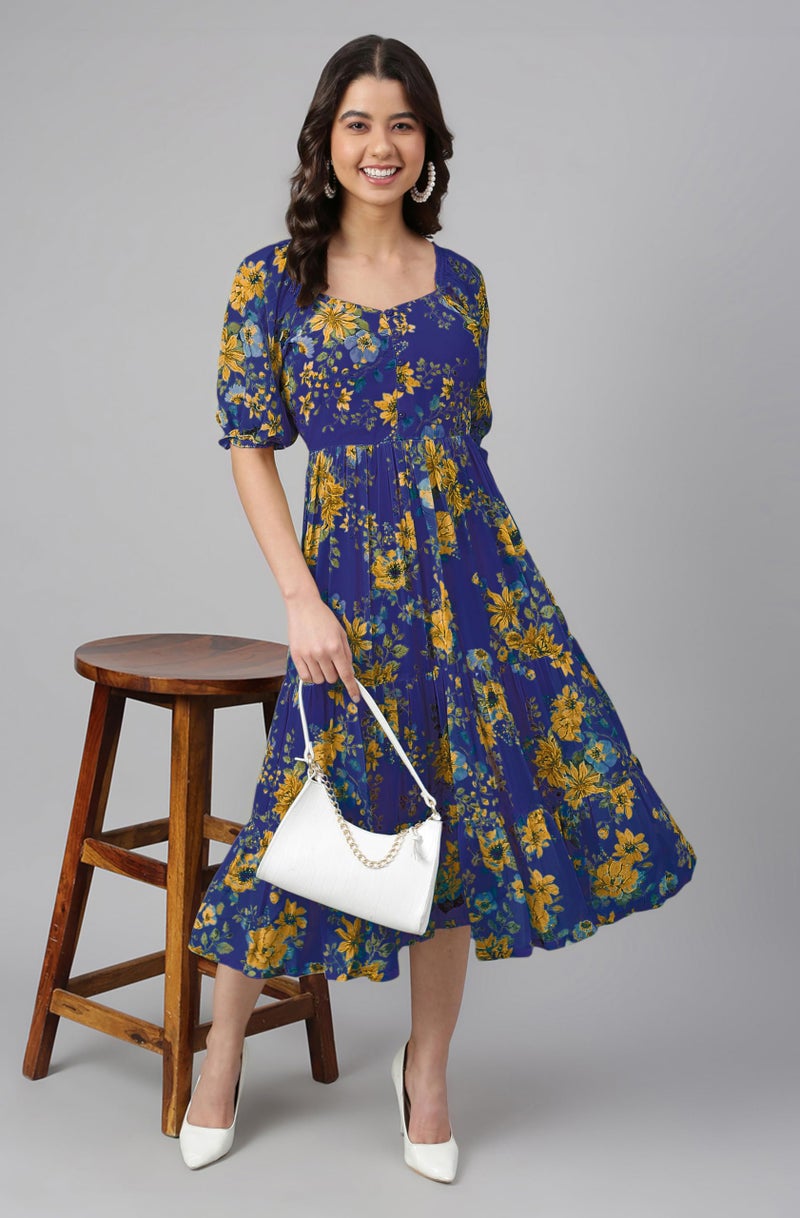 Janasya Women's Blue Georgette Floral Printed Tiered Dress (JAC24DR01656-XL) - Image 2