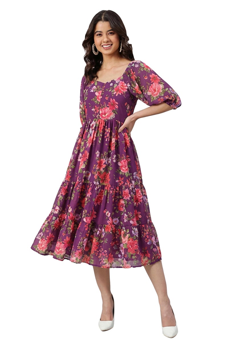 Janasya Women's Blue Georgette Floral Printed Tiered Dress (JAC24DR01656-XL) - Image 1