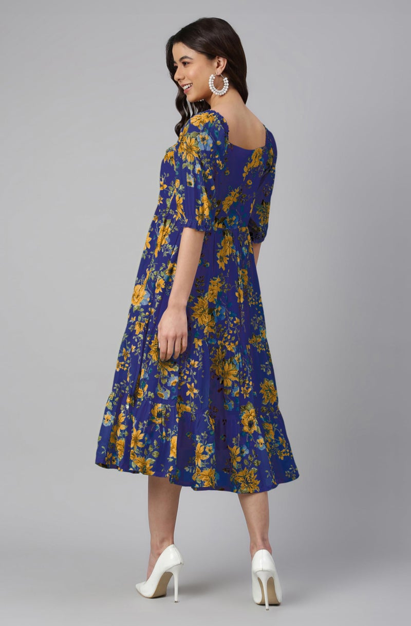 Janasya Women's Blue Georgette Floral Printed Tiered Dress (JAC24DR01656-XL) - Image 5