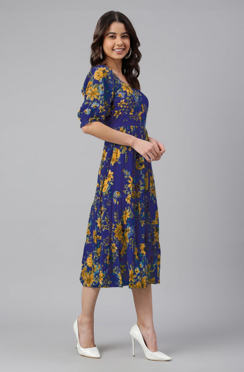 Janasya Women's Blue Georgette Floral Printed Tiered Dress (JAC24DR01656-XL) - Image 4