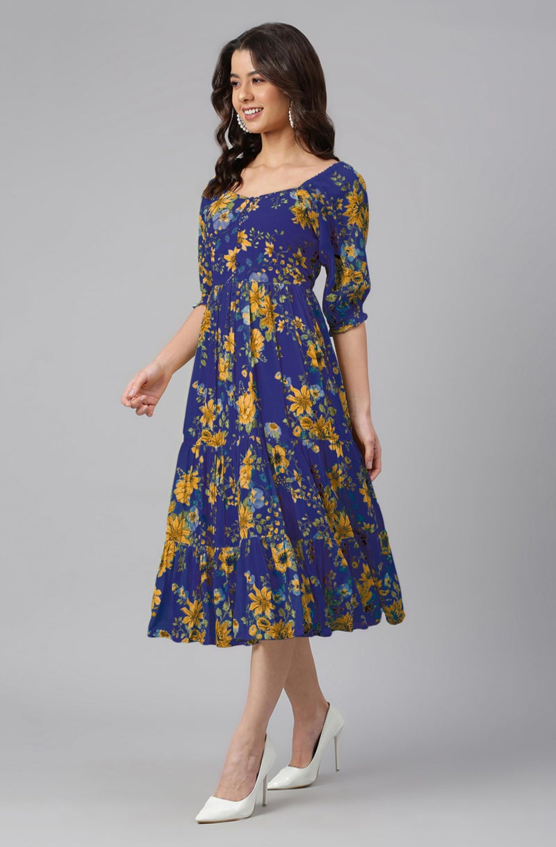 Janasya Women's Blue Georgette Floral Printed Tiered Dress (JAC24DR01656-XL) - Image 3