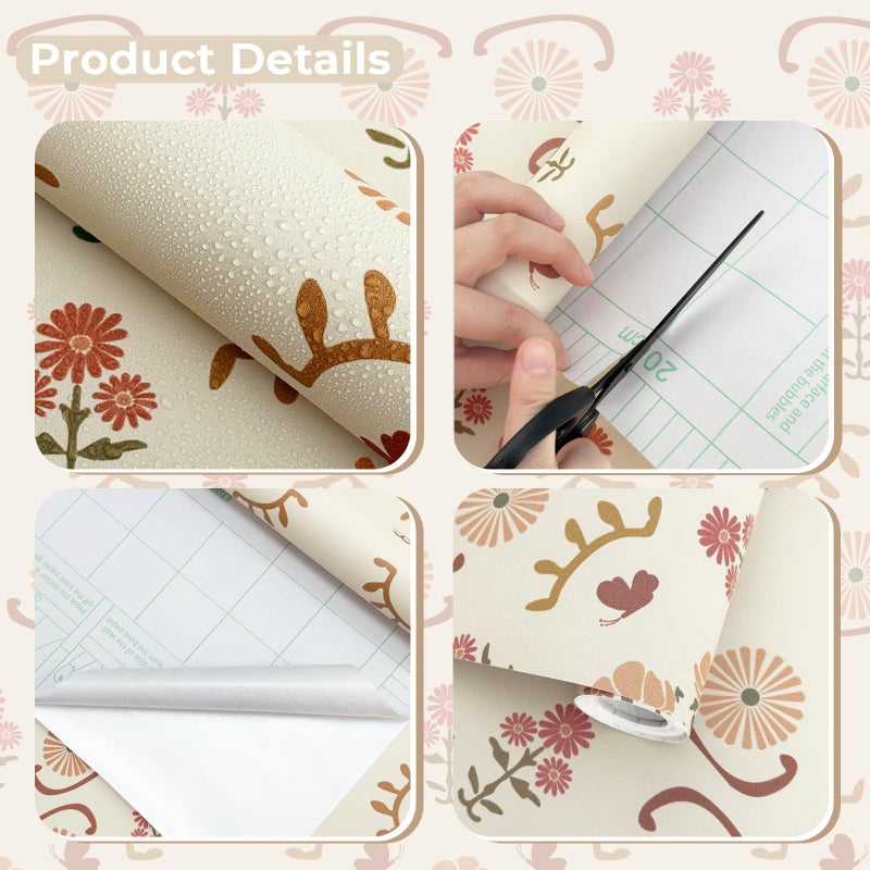 LUKUUI Boho Floral Peel and Stick Wallpaper Retro Daisy Flower Contact Paper for Cabinets Self Adheisve Vintage Wallpaper for Bedroom Gilrs Room Cabinets Drawers 17.3" Ã— 78.7" - Image 2