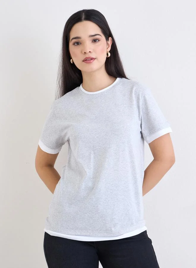 Styli Grey Regular Fit Cotton Ringer T-Shirt