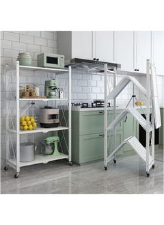 YIJIA HOME GOODS 4-Layer Foldable Storage Rack, Multi-Layer Kitchen Living Room Floor Rack With Wheels Detachable Metal Shelf, White  - Image 4