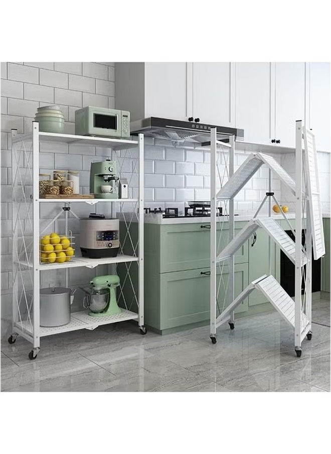 YIJIA HOME GOODS - 4-Layer Foldable Storage Rack, Multi-Layer Kitchen Living Room Floor Rack With Wheels Detachable Metal Shelf, White - Image 1
