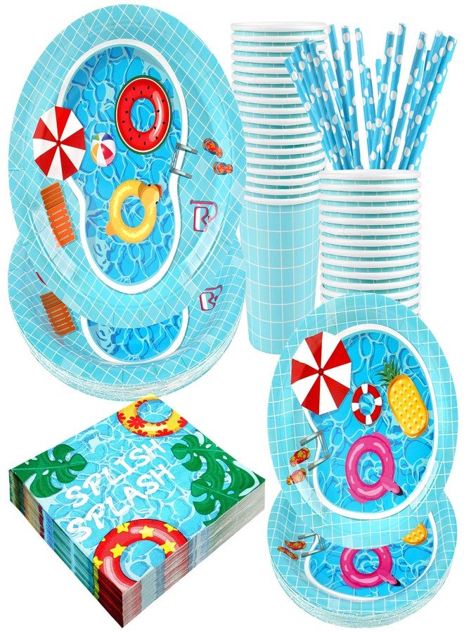 Recheel Pool Party Supplies Decorations, Disposable Summer Kids Birthday Paper Plates and Napkins Set with Cups and Straws for 24 Guests, 120 Pcs Beach Party Dessert Dinnerwares - Image 1