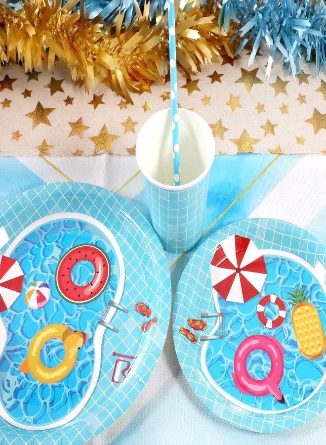 Recheel Pool Party Supplies Decorations, Disposable Summer Kids Birthday Paper Plates and Napkins Set with Cups and Straws for 24 Guests, 120 Pcs Beach Party Dessert Dinnerwares - Image 3