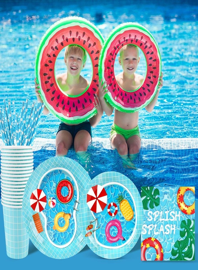 Recheel Pool Party Supplies Decorations, Disposable Summer Kids Birthday Paper Plates and Napkins Set with Cups and Straws for 24 Guests, 120 Pcs Beach Party Dessert Dinnerwares - Image 5